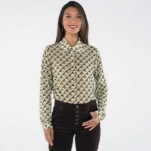 CAbi Geometric Pattern Button Down Shirt - Green and Black